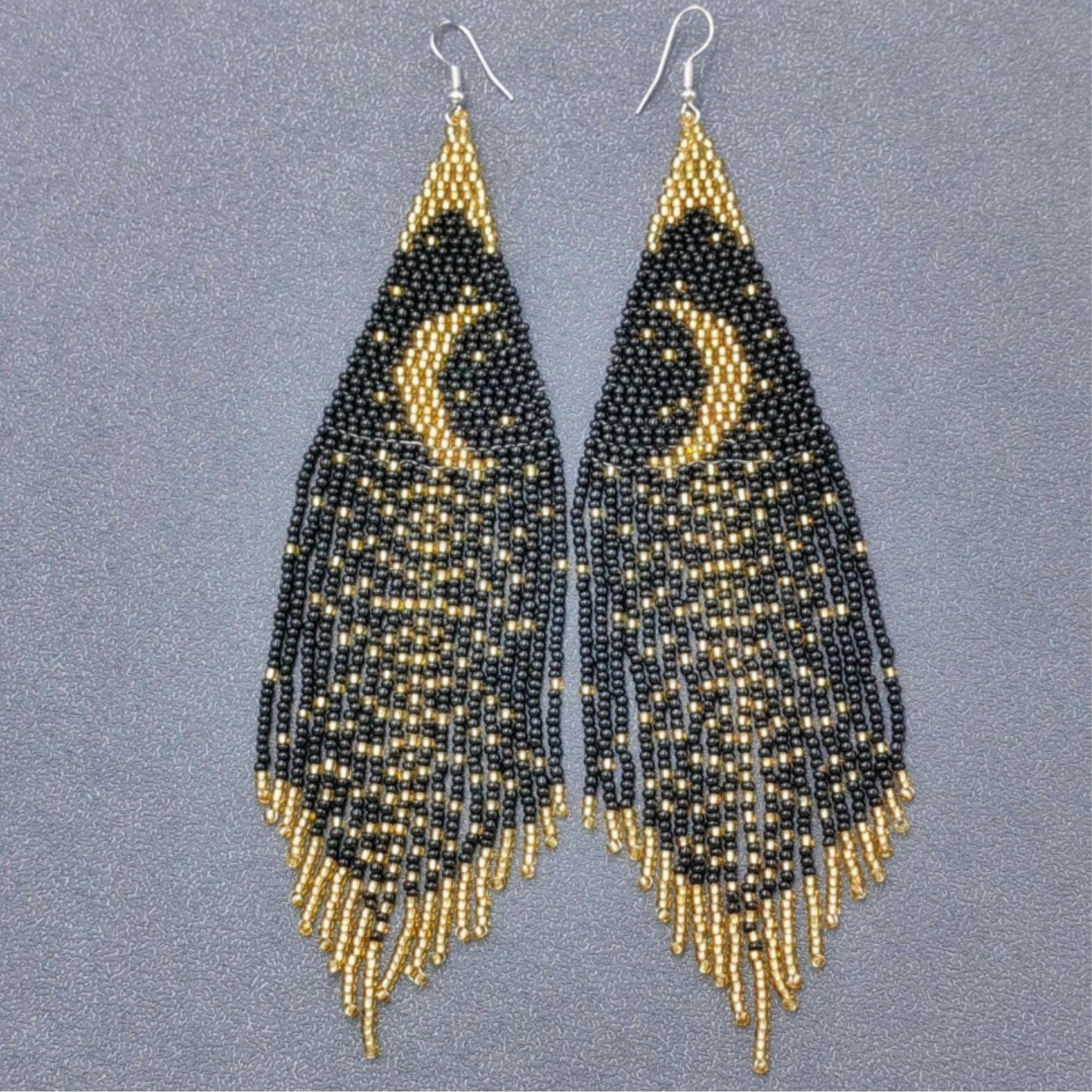 Stars and moon night sky fringe earrings, black and gold, witchy, magic, celestial, zodiac
