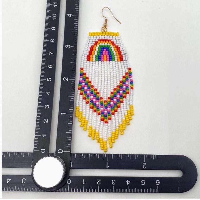 Retro Rainbow, seed bead fringe earrings