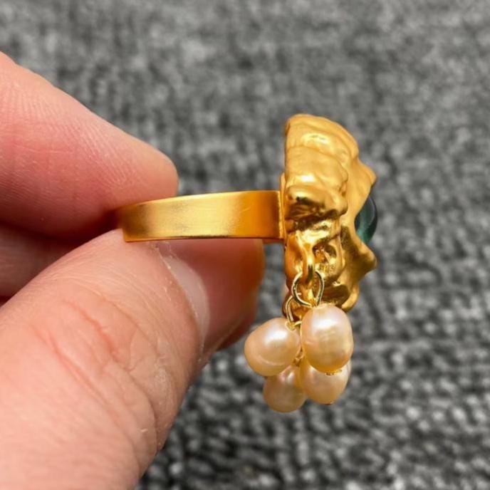 Pearl Fringe Evil Eye Matte Gold Plating Adjustable Ring