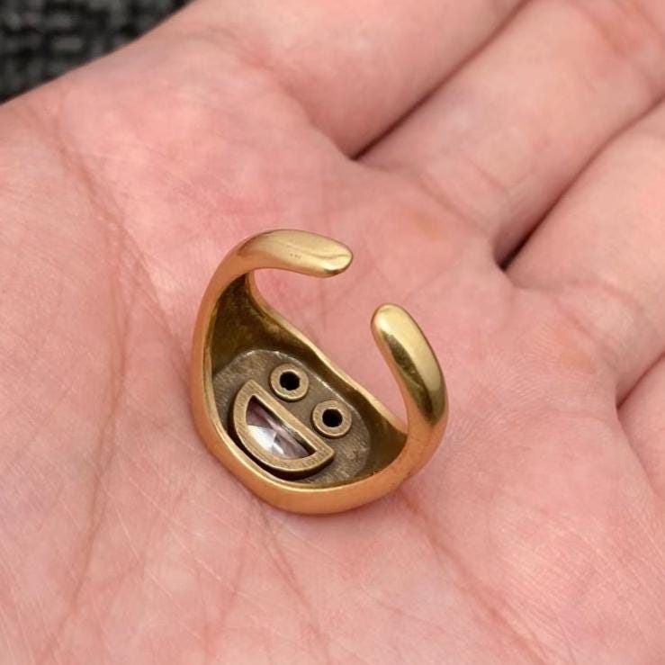 Smiley face Statement ring, gold and Cz with enamel, adjustable