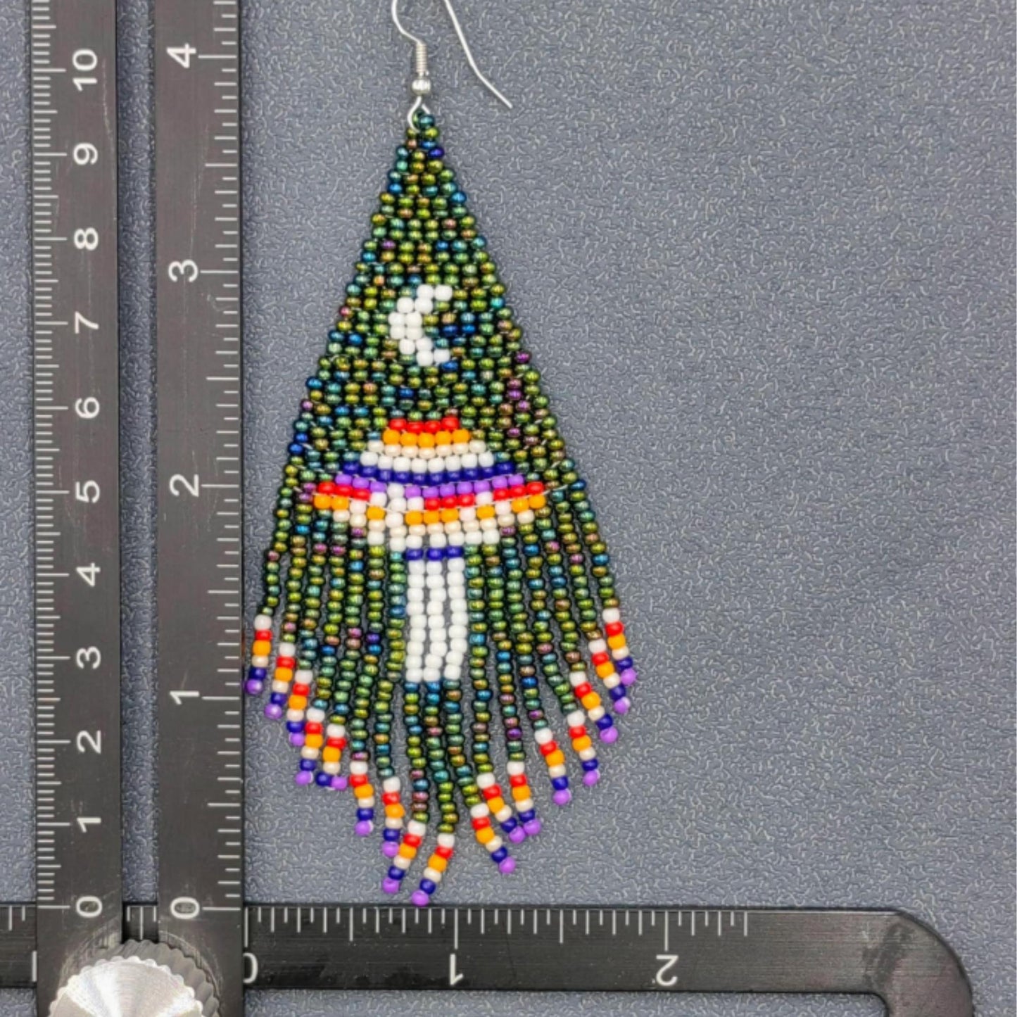 Trippy spaceship fringe seed bead earrings, mushroom, dangle earrings, festival, space, galaxy, moon