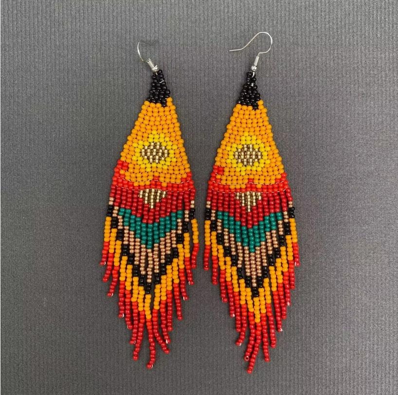 retro sun, bohemian, seed bead fringe earrings