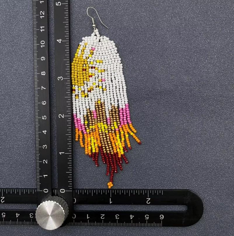 Natural see bead fringe earrings, boho statement earrings, long beaded fringe, western jewelry, sunset color, gift for her