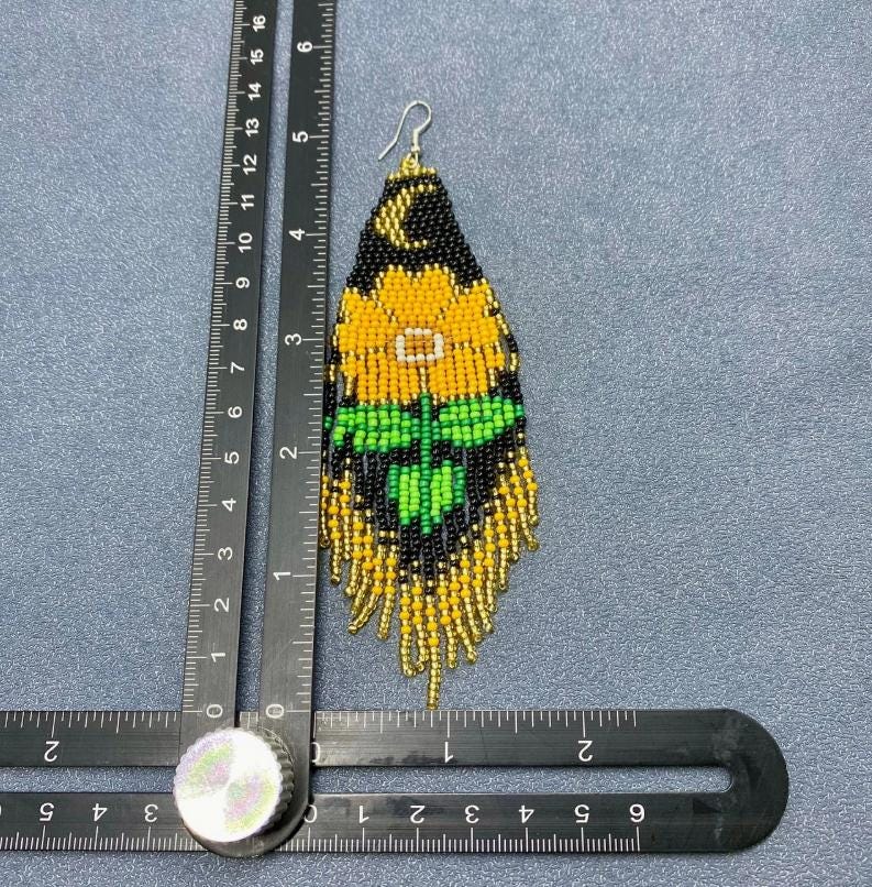 floral seed bead fringe earrings, boho statement earrings, sunflower inspired jewelry, long beaded earrings, nature jewelry, gift for her