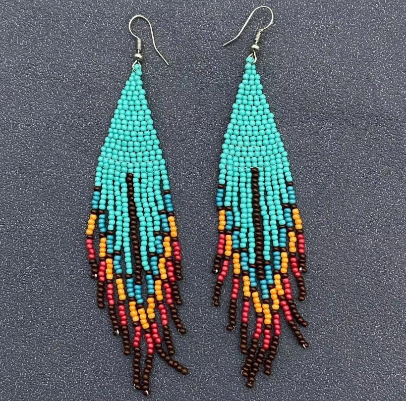 retro native, bohemian, seed bead fringe earrings