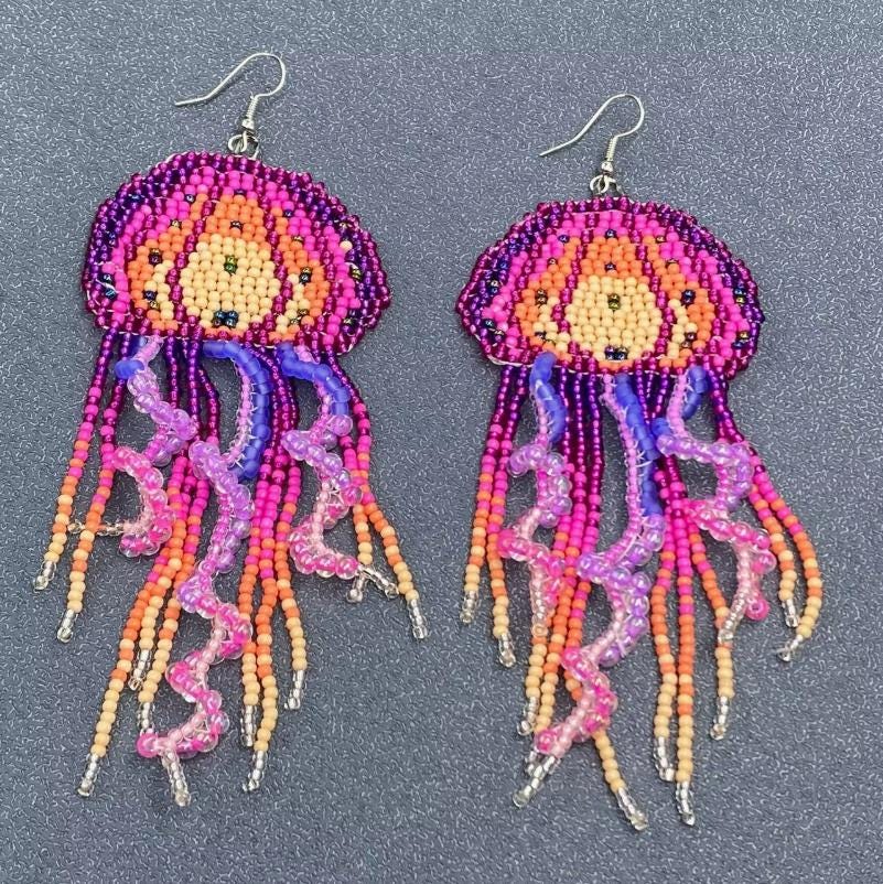 Pink and purple jellyfish bohemian, seed bead fringe earrings
