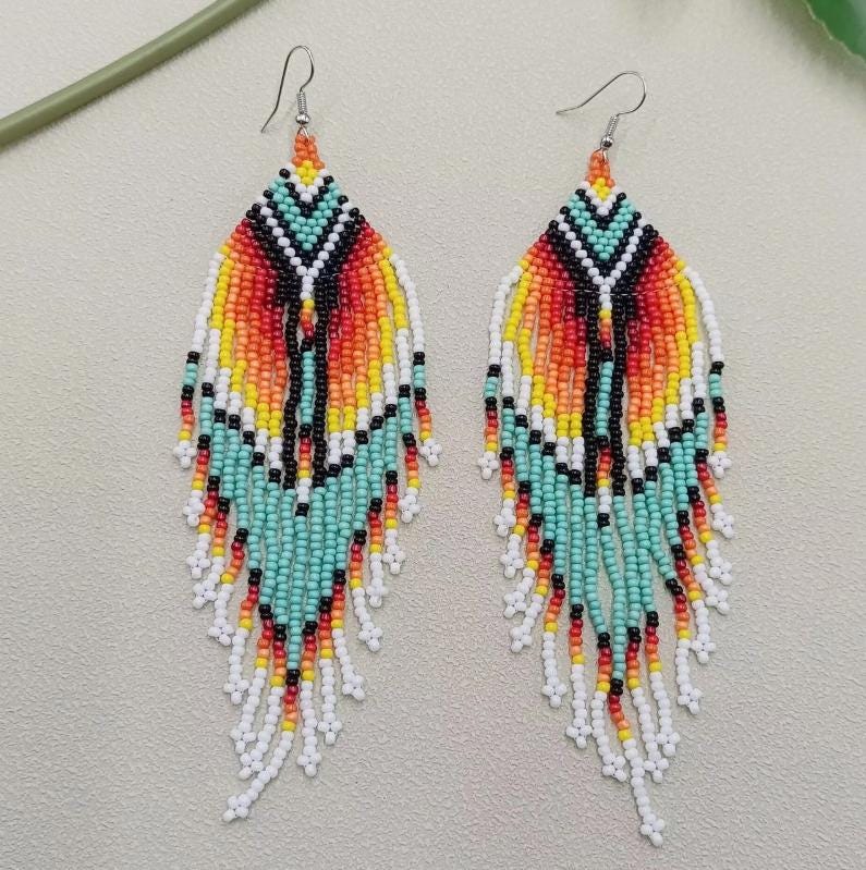 Colorful Seed Bead Fringe Earrings, Boho statement, Southwestern Style, festival