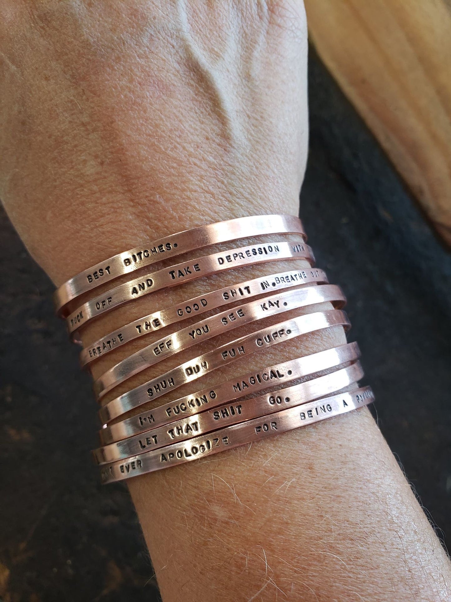 Let that shit go -Copper or brass gold Cuss Cuff. swearing, adult, stackable Bangle Bracelet