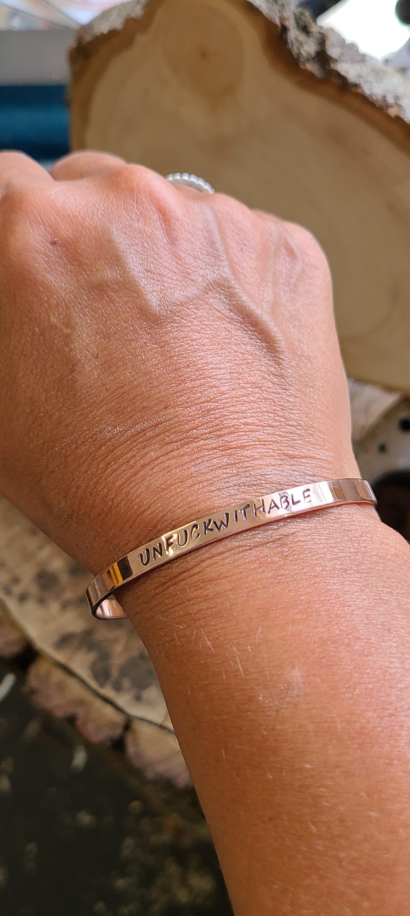 UNFUCKWITHABLE - Copper or brass gold Cuss Cuff. swearing, adult, stackable Bangle Bracelet
