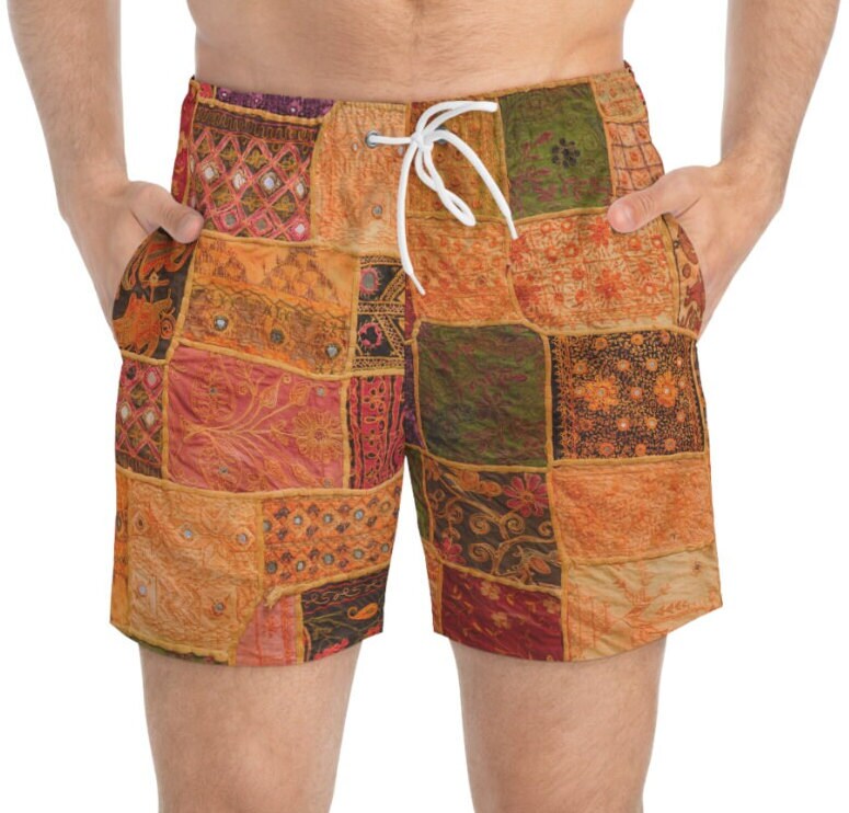 Patchwork, hippie, direct print to garment, festival, jam, wook, fabric, Swim Trunks, swim suit, mens swimwear