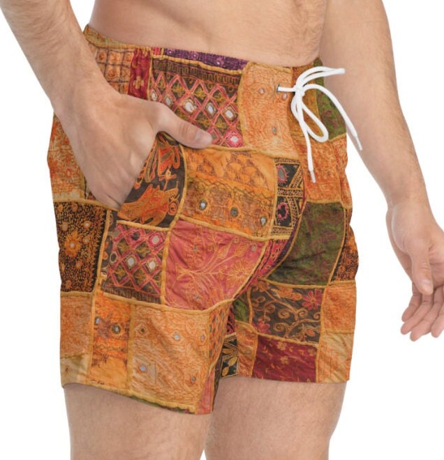 Patchwork, hippie, direct print to garment, festival, jam, wook, fabric, Swim Trunks, swim suit, mens swimwear