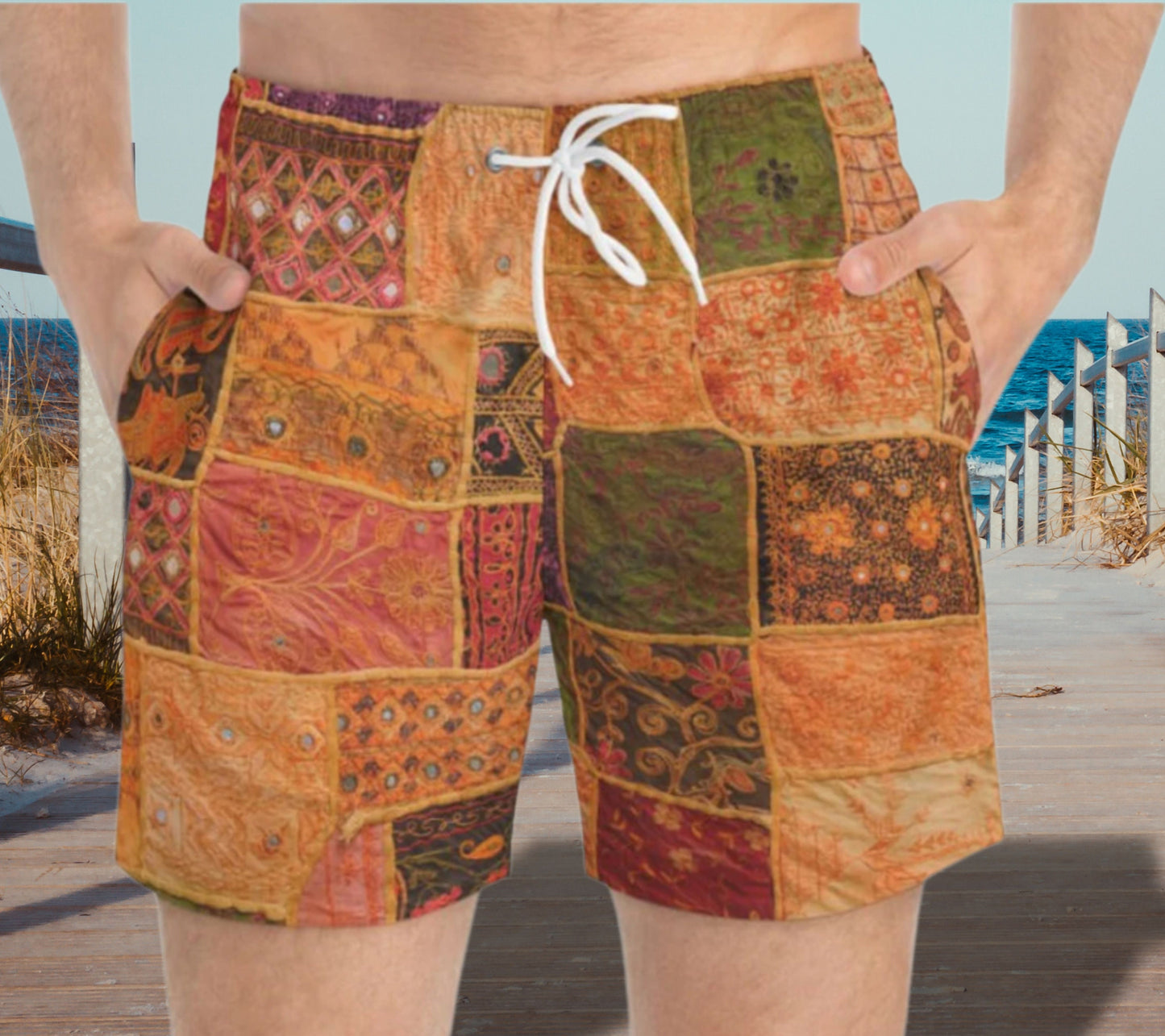 Patchwork, hippie, direct print to garment, festival, jam, wook, fabric, Swim Trunks, swim suit, mens swimwear