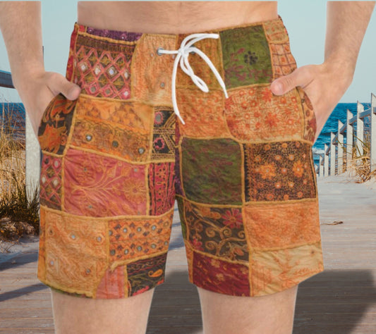 Patchwork, hippie, direct print to garment, festival, jam, wook, fabric, Swim Trunks, swim suit, mens swimwear