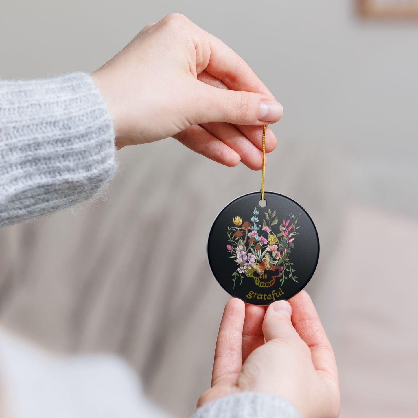 Ceramic Ornament,Grateful Dead Inspired, Steelie, Botanical, Black, Holiday, Christmas ornament, decorations, gift