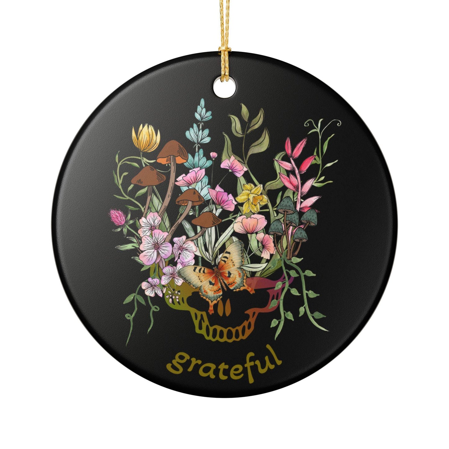 Ceramic Ornament,Grateful Dead Inspired, Steelie, Botanical, Black, Holiday, Christmas ornament, decorations, gift