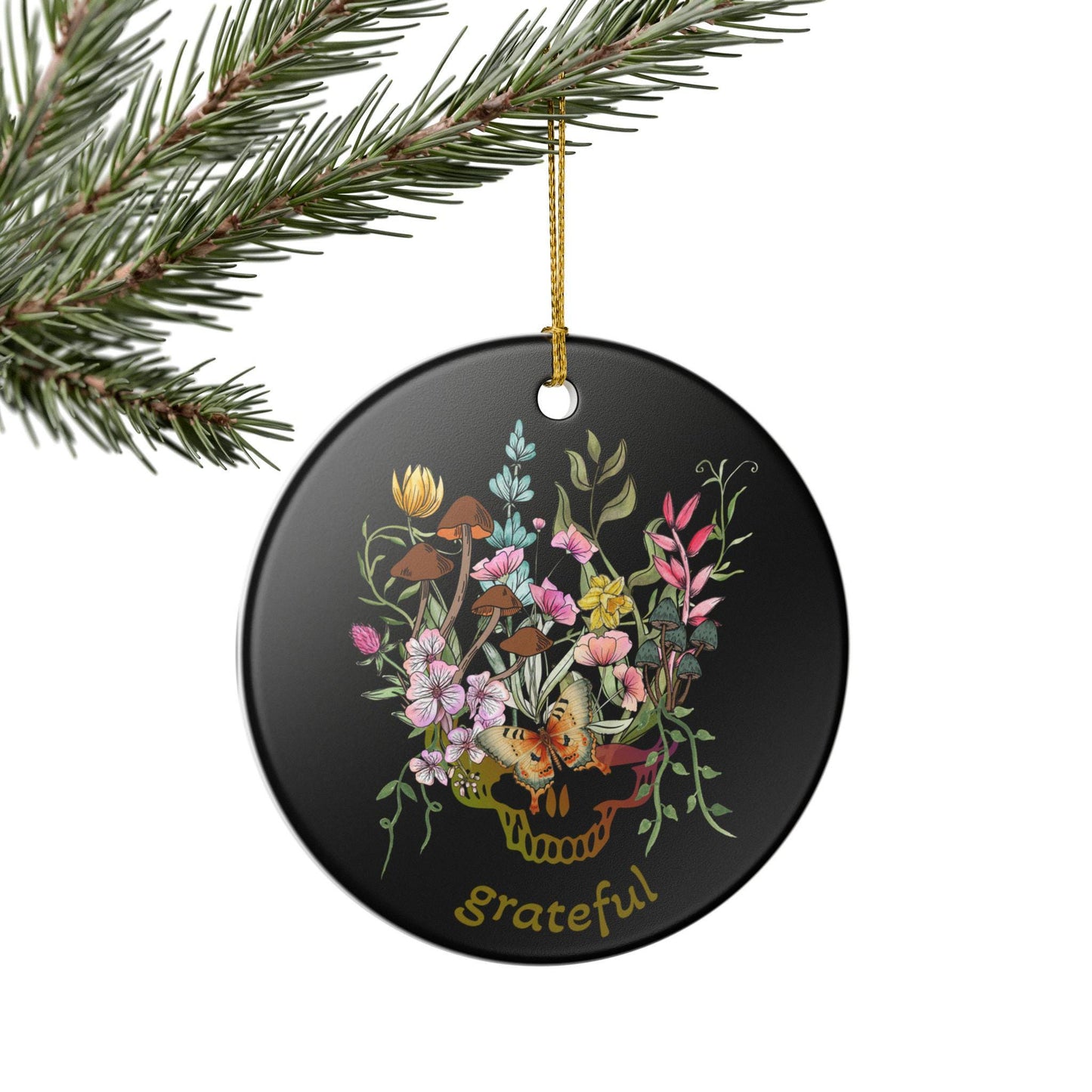 Ceramic Ornament,Grateful Dead Inspired, Steelie, Botanical, Black, Holiday, Christmas ornament, decorations, gift