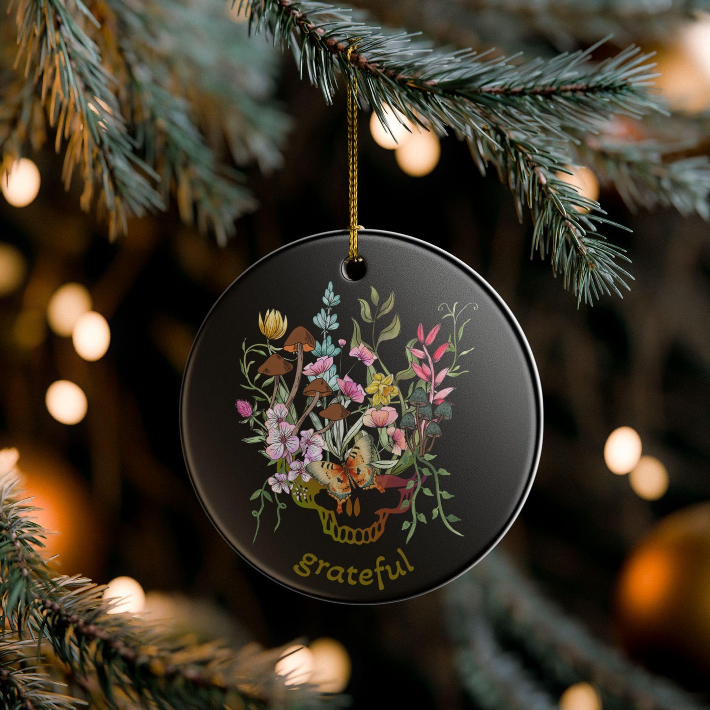 Ceramic Ornament,Grateful Dead Inspired, Steelie, Botanical, Black, Holiday, Christmas ornament, decorations, gift
