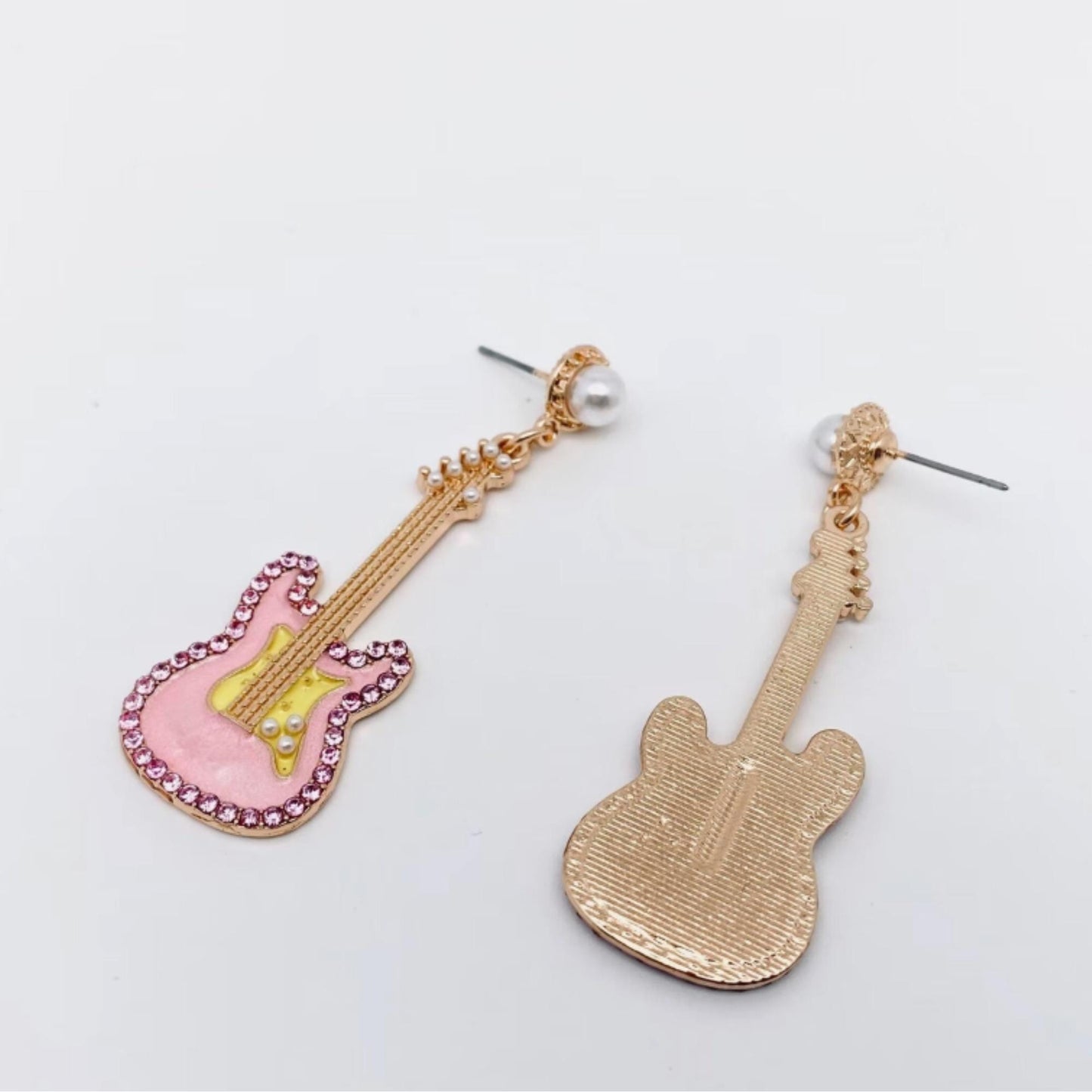 Pink Rhinestone Enamel Guitar Post Earrings with Pearl Studs, Rock n Roll, music, hippie, funky