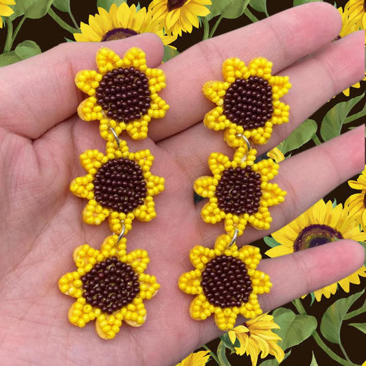 Sunflower earrings, seed beads, dangle, hippie, flower, boho