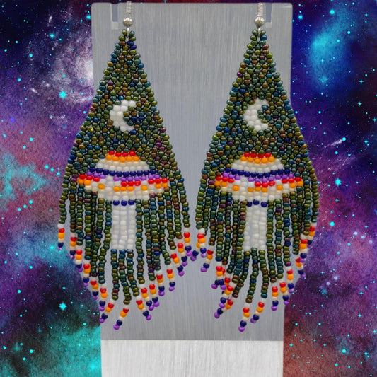 Trippy spaceship fringe seed bead earrings, mushroom, dangle earrings, festival, space, galaxy, moon