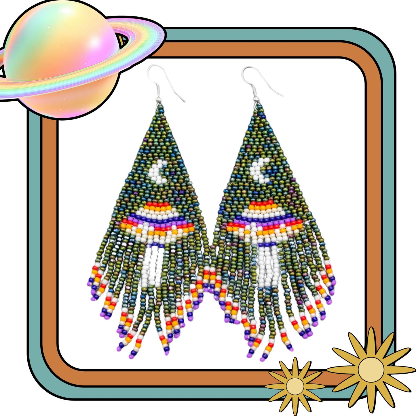 Trippy spaceship fringe seed bead earrings, mushroom, dangle earrings, festival, space, galaxy, moon