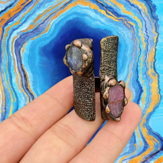 labradorite & Rhodonite Crystal copper Adjustable Ring, large statement piece
