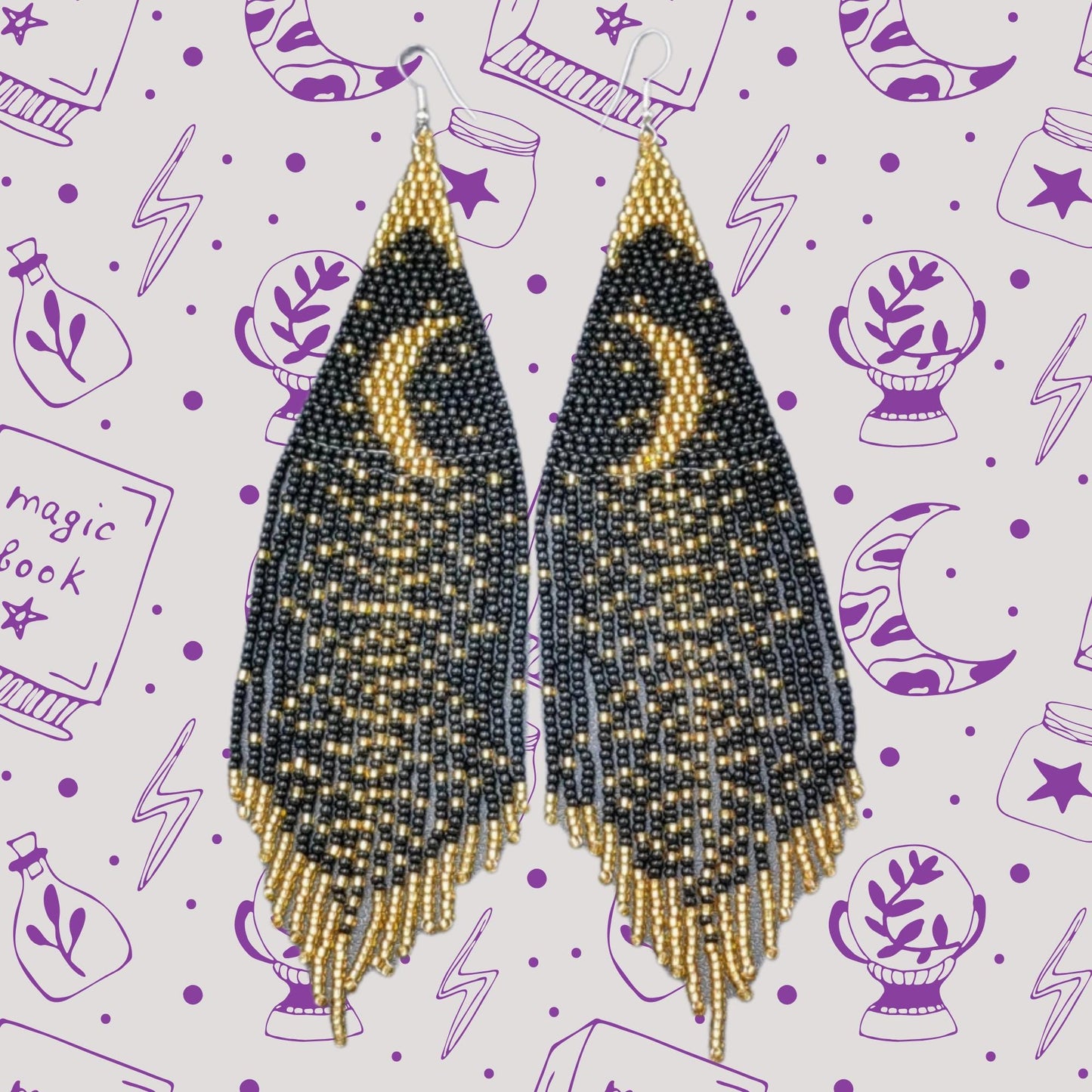 Stars and moon night sky fringe earrings, black and gold, witchy, magic, celestial, zodiac