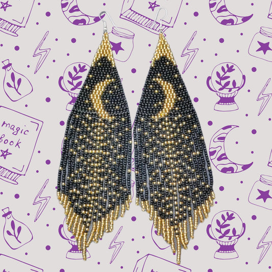 Stars and moon night sky fringe earrings, black and gold, witchy, magic, celestial, zodiac