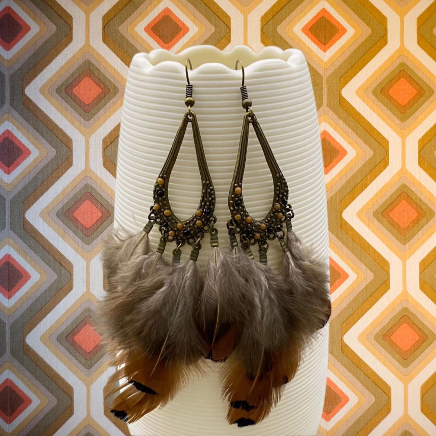 Feather and antique brass earrings with resin accents, vintage, boho, hippie, 70's style