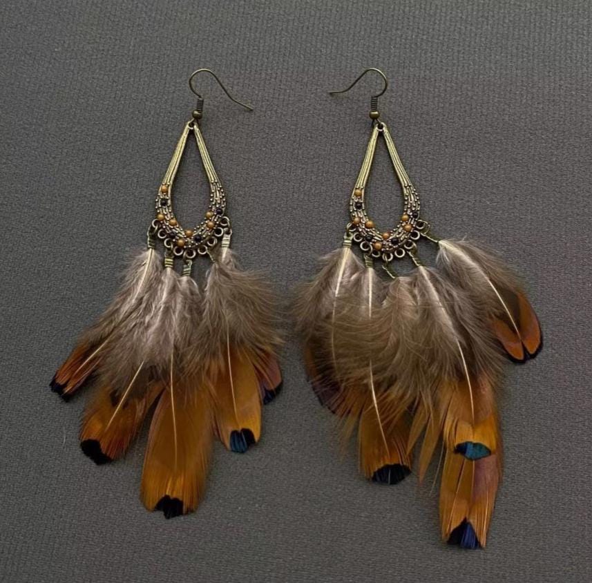 Feather and antique brass earrings with resin accents, vintage, boho, hippie, 70's style