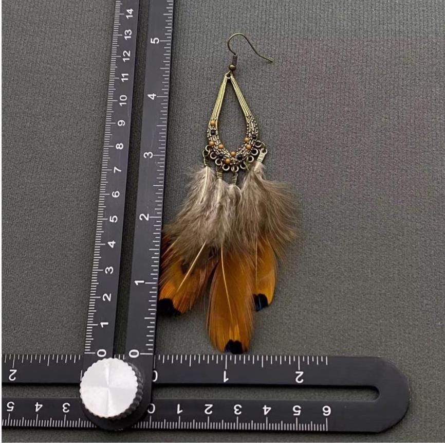 Feather and antique brass earrings with resin accents, vintage, boho, hippie, 70's style