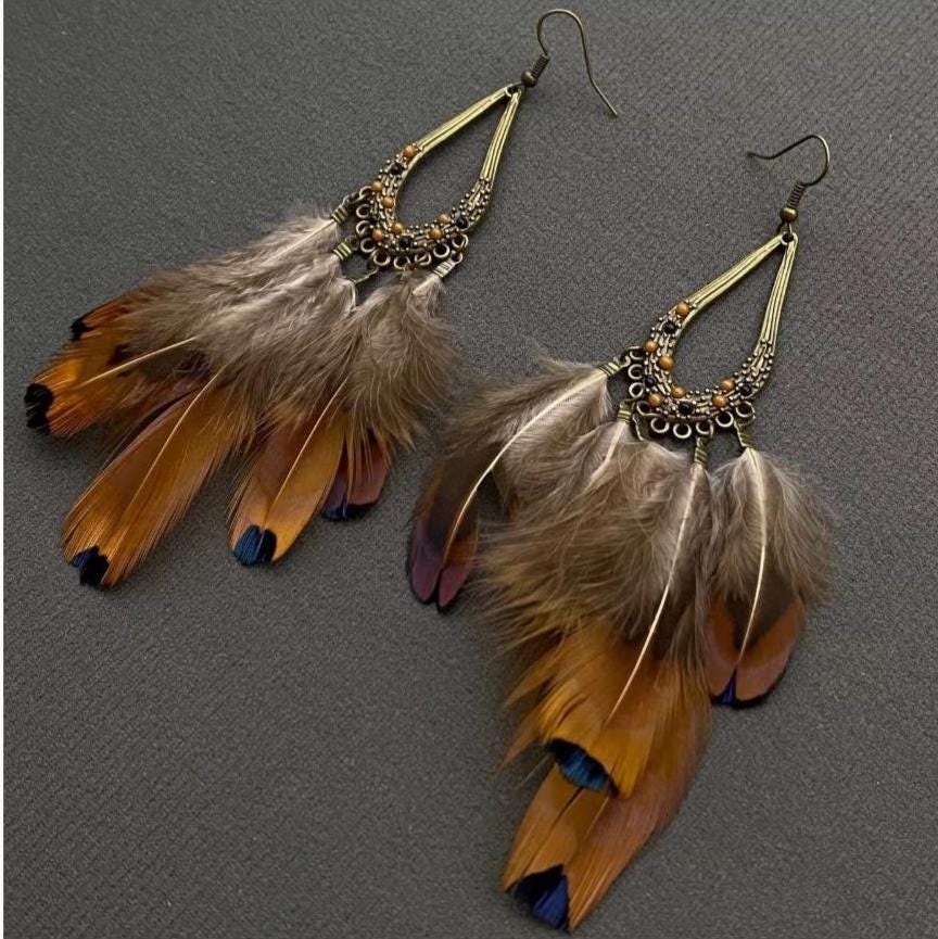 Feather and antique brass earrings with resin accents, vintage, boho, hippie, 70's style