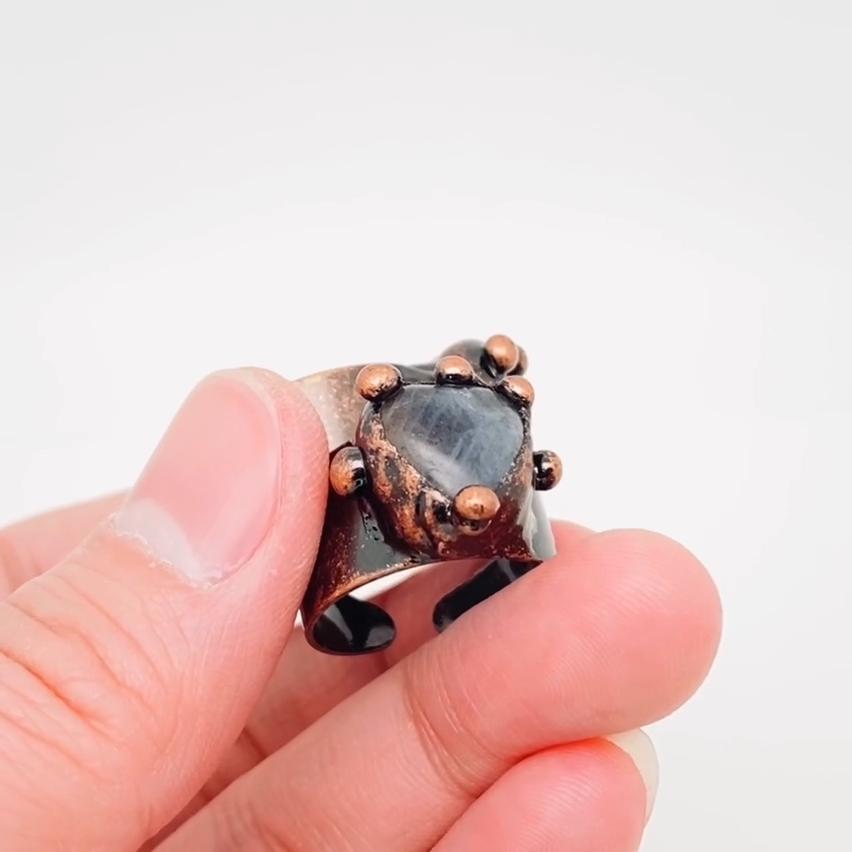 Vintage inspired Natural Moonstone Heart Shape Adjustable Ring, copper