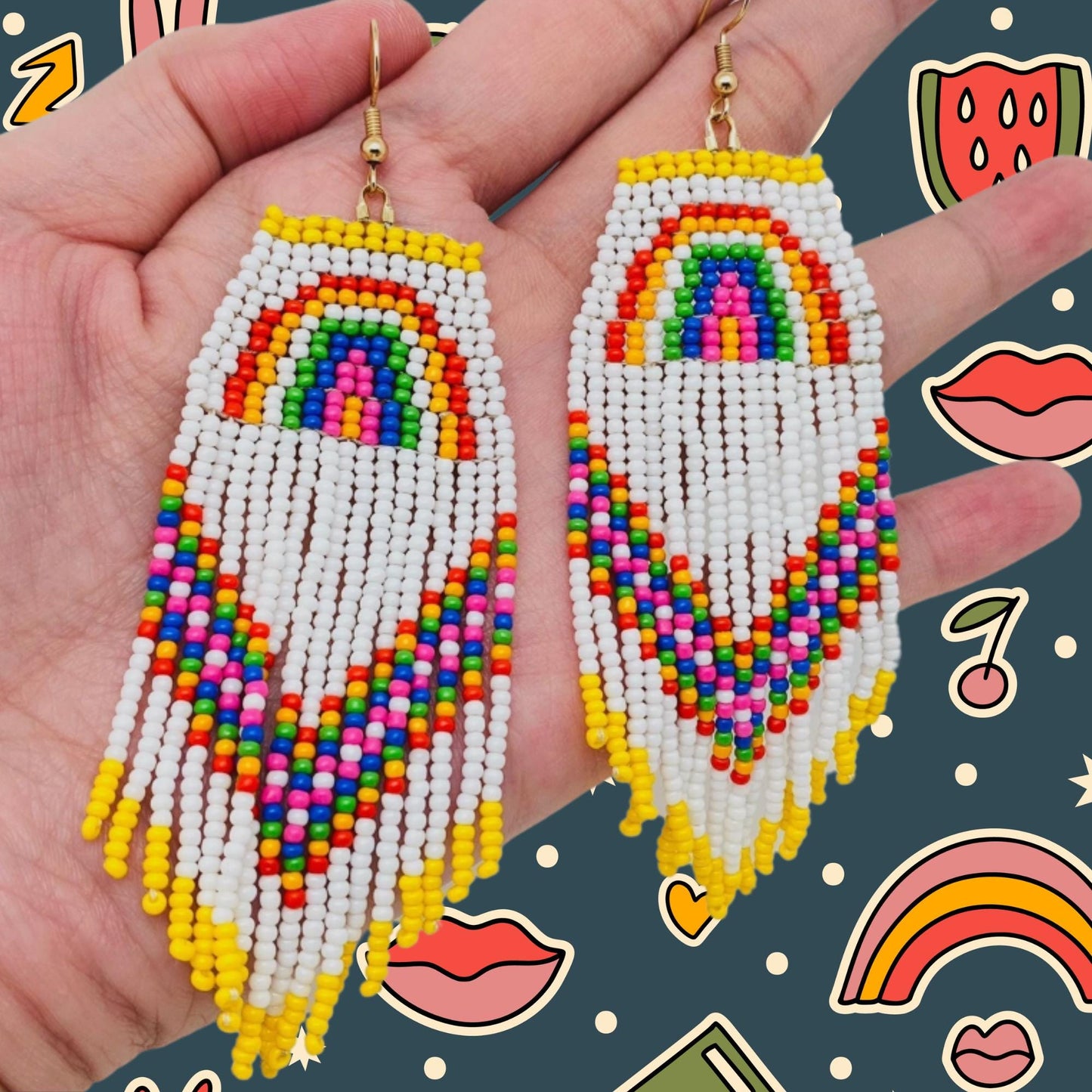 Retro Rainbow, seed bead fringe earrings
