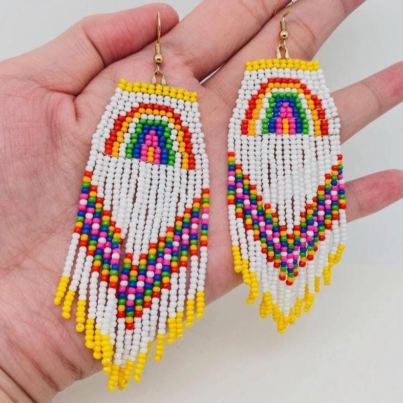 Retro Rainbow, seed bead fringe earrings