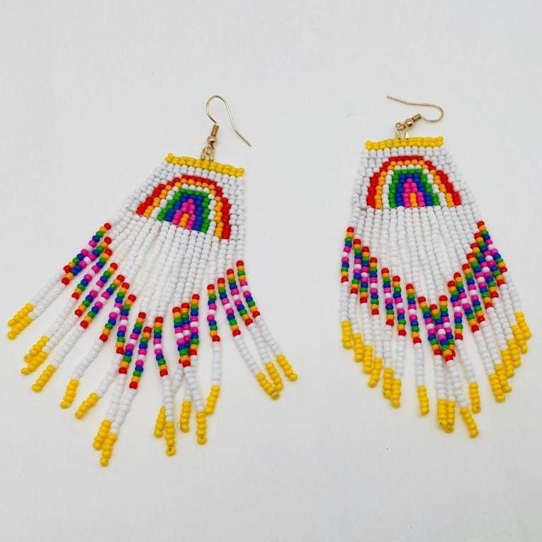 Retro Rainbow, seed bead fringe earrings