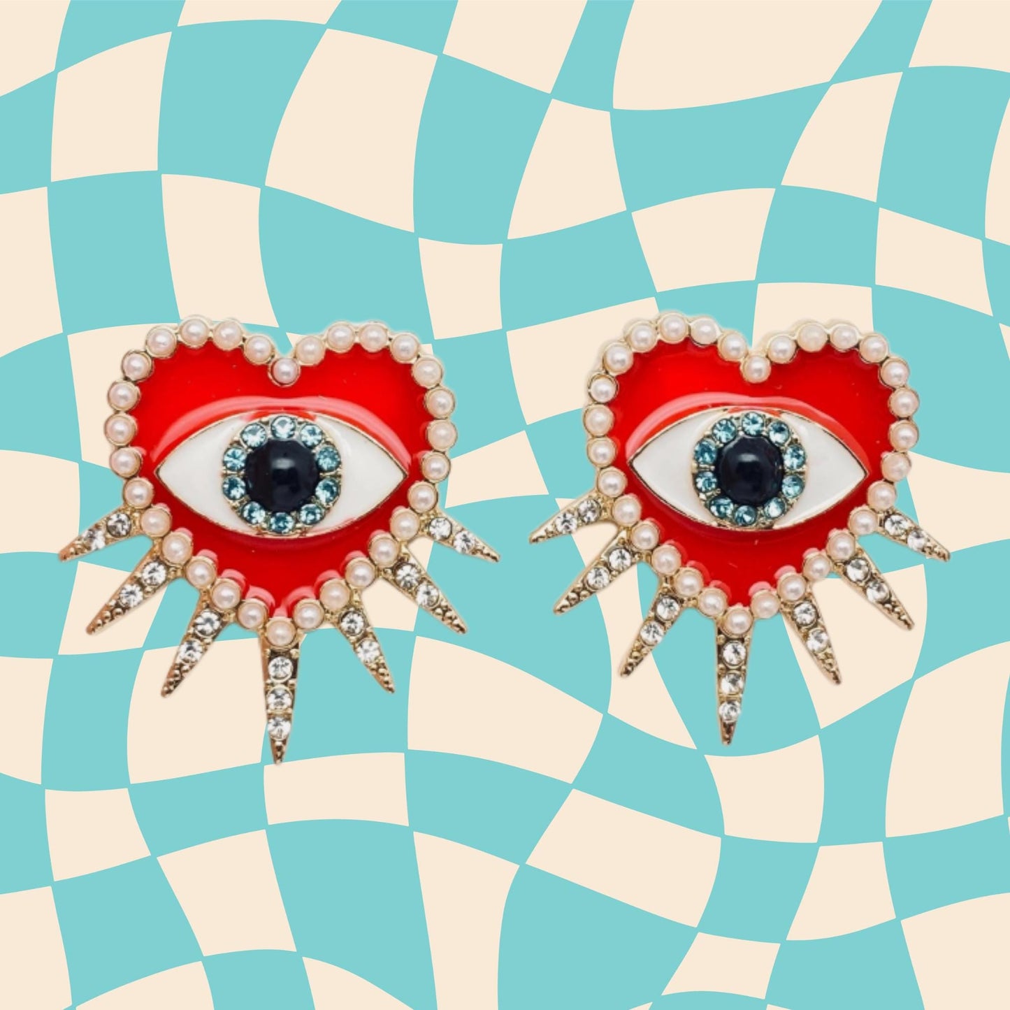 Trippy retro third eye, devils eye post statement earrings, oversized, red enamel, rhinestone pearl
