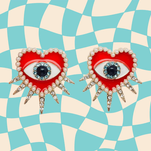 Trippy retro third eye, devils eye post statement earrings, oversized, red enamel, rhinestone pearl