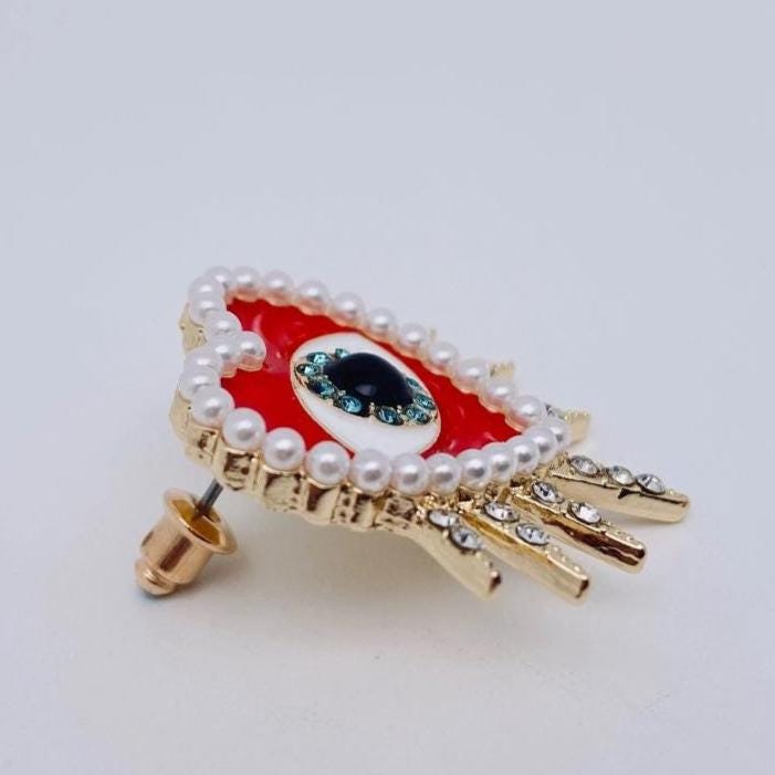 Trippy retro third eye, devils eye post statement earrings, oversized, red enamel, rhinestone pearl