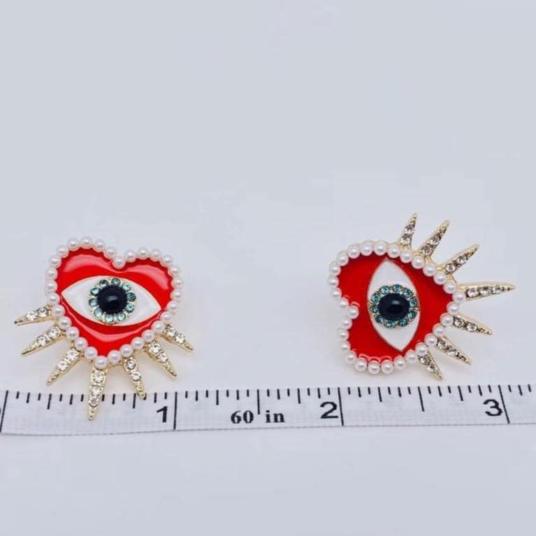 Trippy retro third eye, devils eye post statement earrings, oversized, red enamel, rhinestone pearl