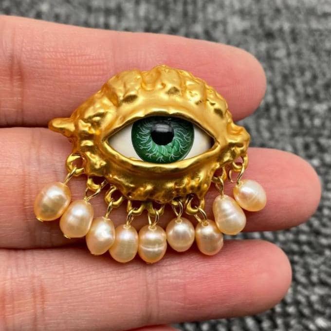 Pearl Fringe Evil Eye Matte Gold Plating Adjustable Ring