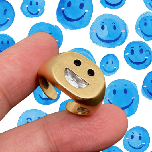 Smiley face Statement ring, gold and Cz with enamel, adjustable