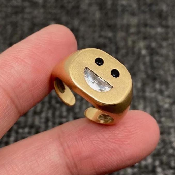 Smiley face Statement ring, gold and Cz with enamel, adjustable