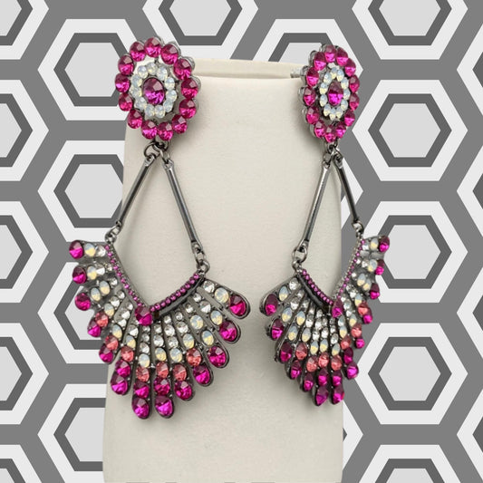 Sparkling Pink Large Scalloped Rhinestone Dangle Earrings