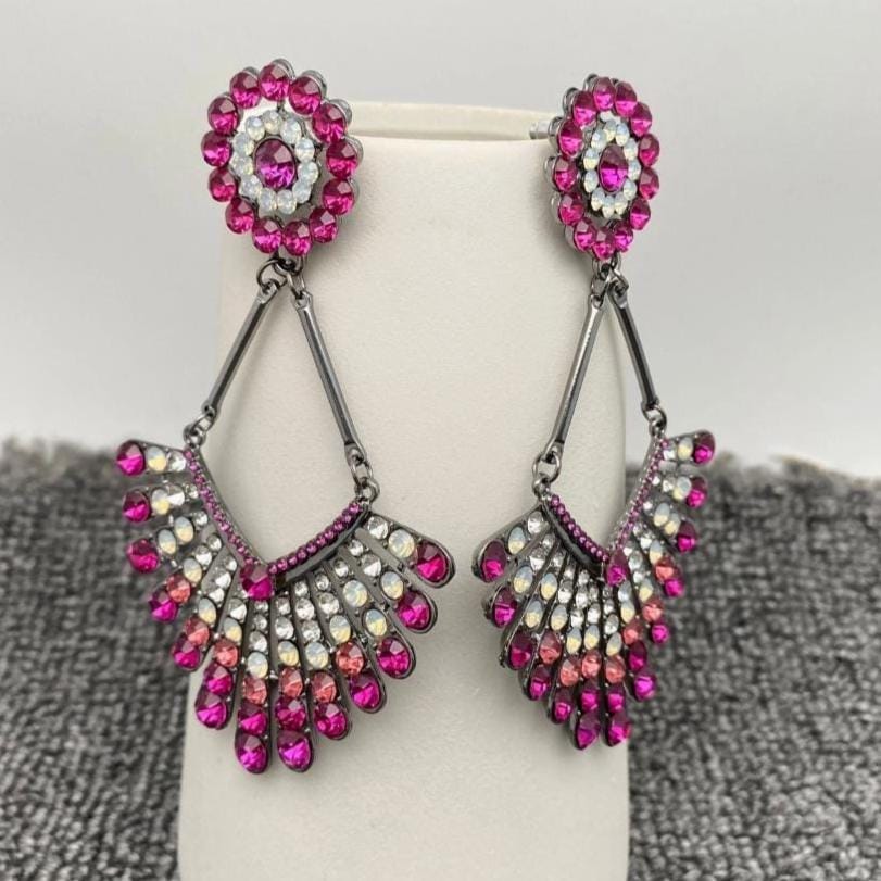 Sparkling Pink Large Scalloped Rhinestone Dangle Earrings