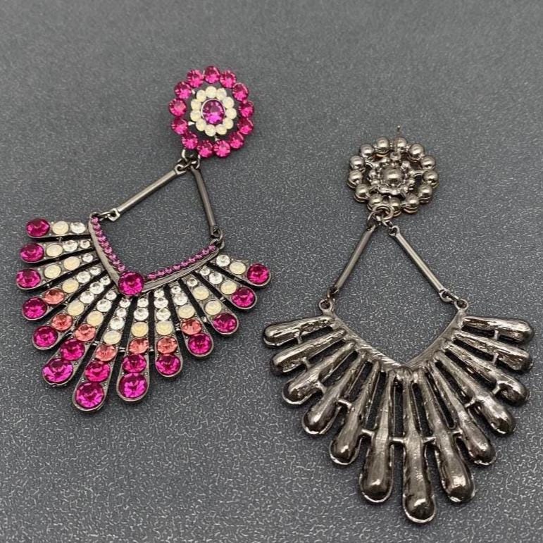 Sparkling Pink Large Scalloped Rhinestone Dangle Earrings