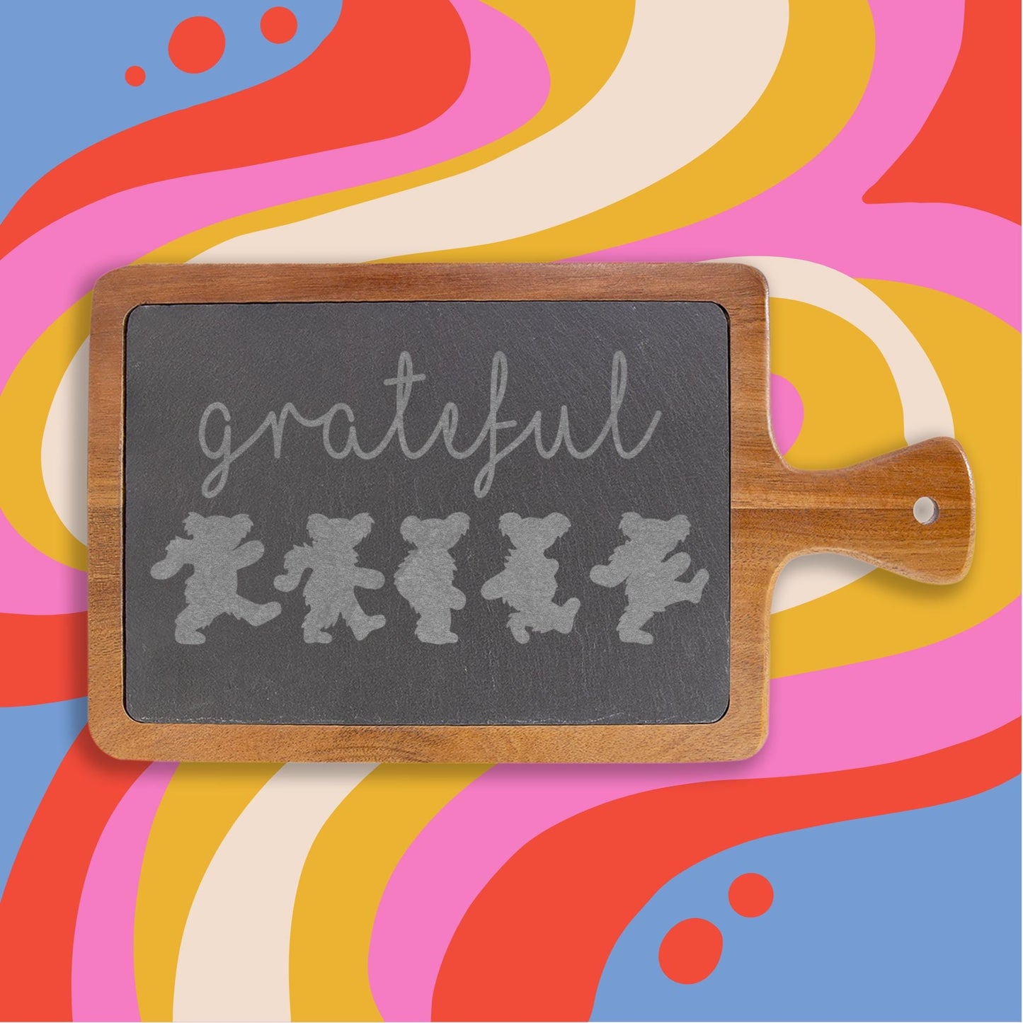 Grateful Script with Dancing Bears Charcuterie Board | Engraved Slate, serving tray, dead head