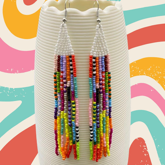 Seed bead fringe earrings, boho, handwoven, bright colors, stainless earwire