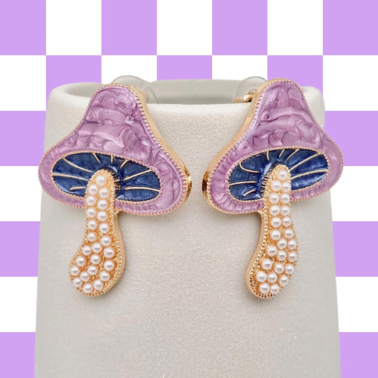 Colored Enamel Mushroom Post Earrings, fungi, purple and pearl, Statement
