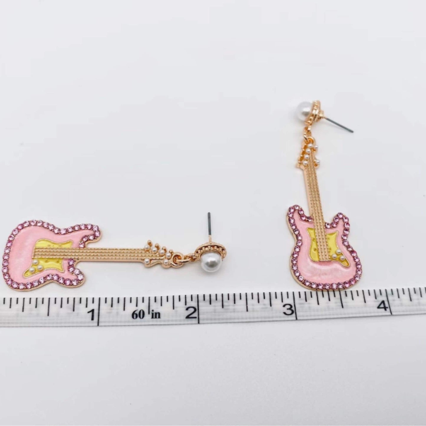 Pink Rhinestone Enamel Guitar Post Earrings with Pearl Studs, Rock n Roll, music, hippie, funky